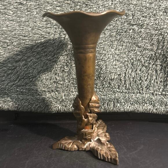 2pc Ornate Brass Sprouted Floral Bud Vase Victorian Trumpet Flower - Picture 3 of 10